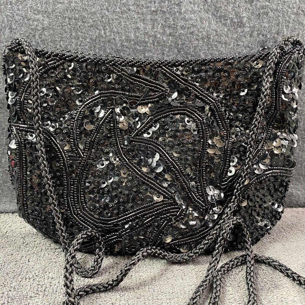 Vintage Black Beaded Sequin Crossbody Evening Bag Cocktail Clutch Purse